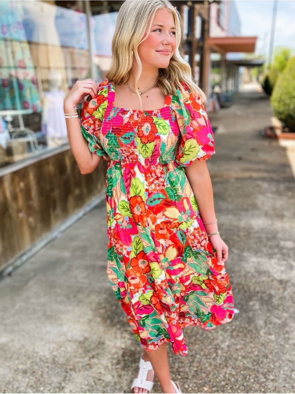 Bright Floral Puff-Sleeve Midi Dress in Multi